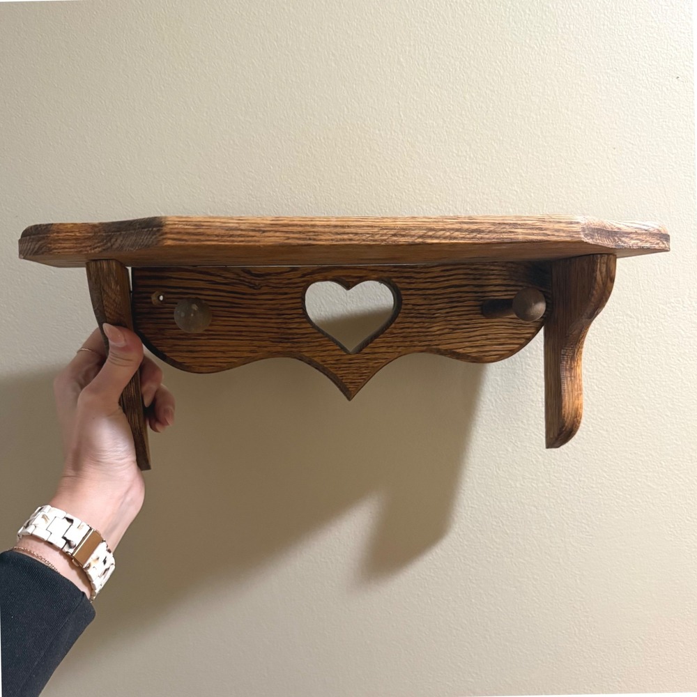 Vintage Heart Wood Wall Shelf 2 Pegs Cottagecore Country Entryway Rustic 90s